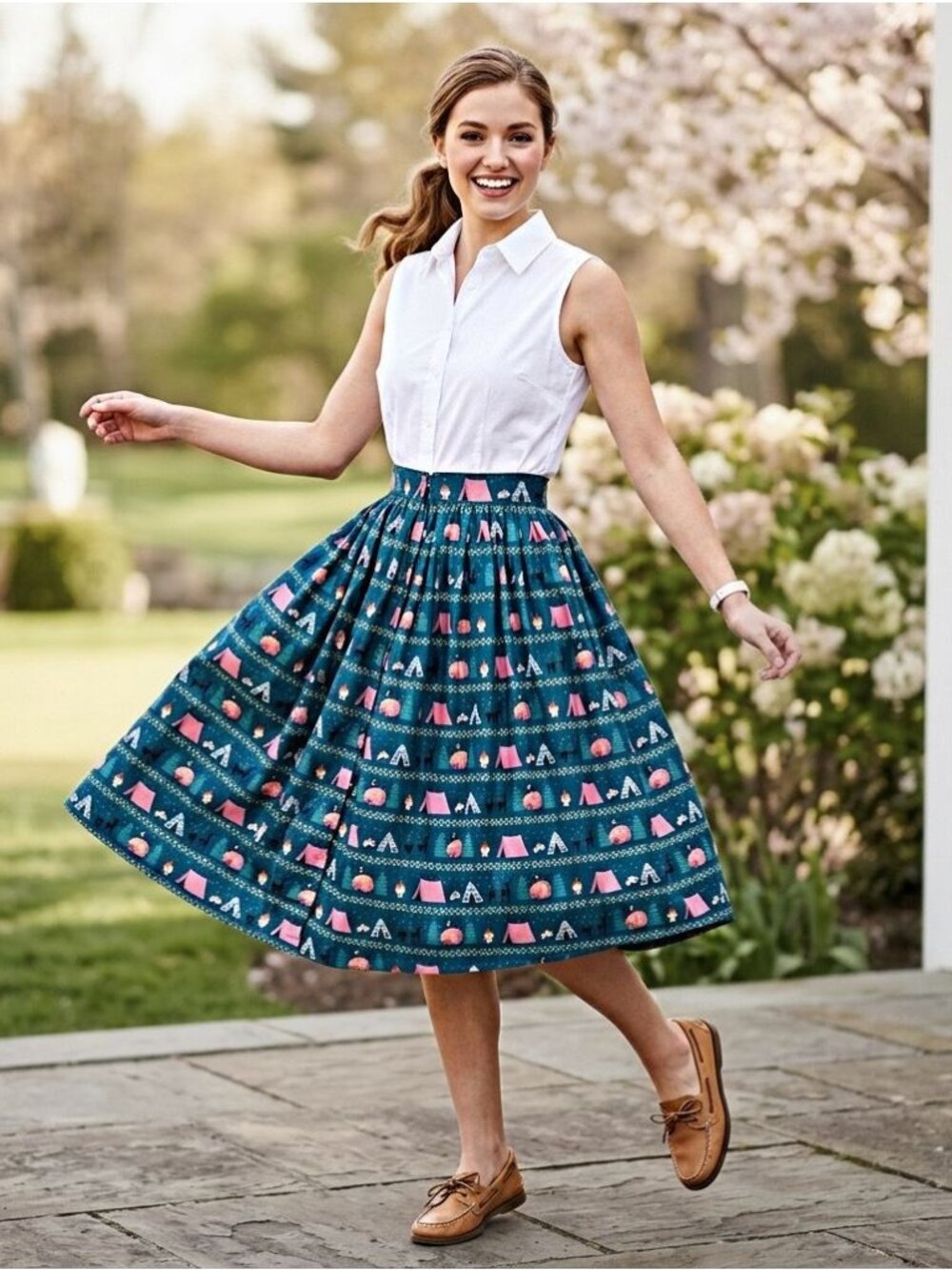 Unique Vintage Retro Midi Skirt High Rise Swing W/ Pockets Novelty Camping RARE